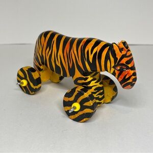 Toy Figure Tiger Wooden Wood Hand Carved Painted Wheels Folk Art African Vintage